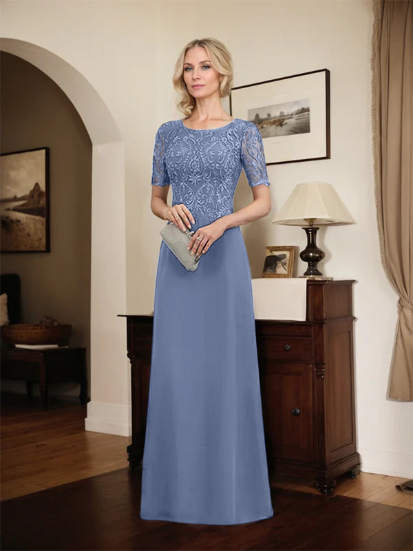 A-Linien Spitzen-Chiffon-Mutter-der-Braut-Kleid mit Rundhalsausschnitt, bodenlang und Pailletten