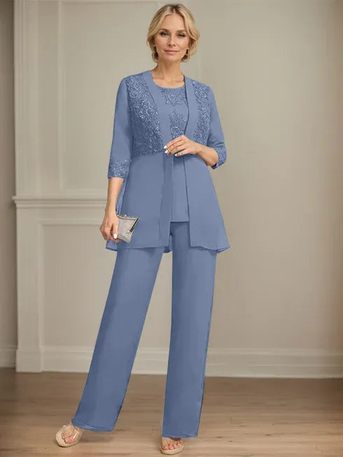 Combinaison/pantalon séparé en mousseline et dentelle, longueur au sol, col rond, robe mère de la mariée avec sequins