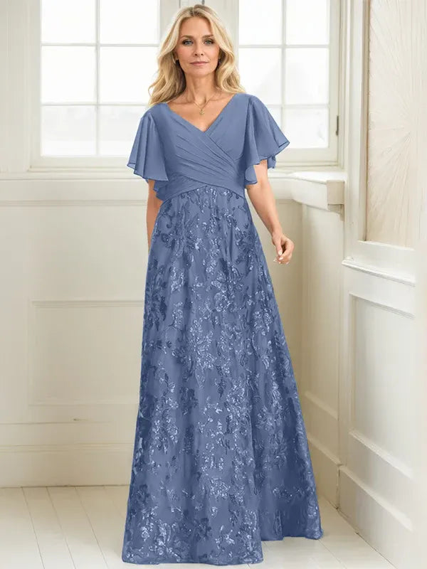 Vestido de madre de la novia en línea A con escote en V, largo hasta el suelo, encaje, lentejuelas y gasa plisada