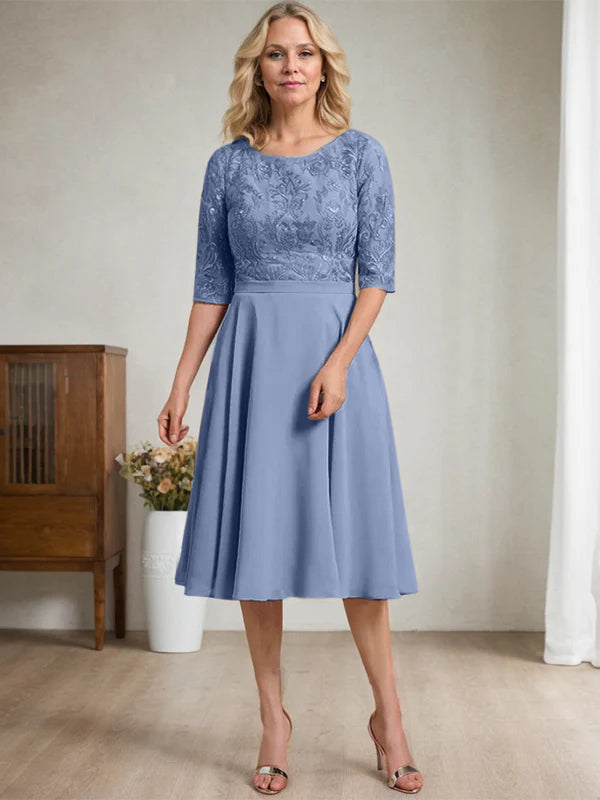 A-Linien Rundhalsausschnitt knielanges Spitzen-Chiffon Kleid für die Mutter der Braut
