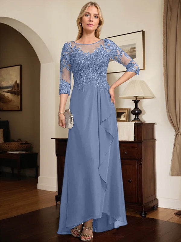 A-Linien Rundhals Illusions-Asymmetrische Spitze Chiffon Brautmutterkleid mit Pailletten und fallenden Rüschen