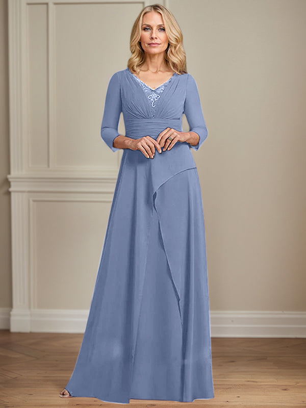 A-Linien Chiffon-Mutter-der-Braut-Kleid mit V-Ausschnitt, bodenlang, plissierte Perlenverzierung