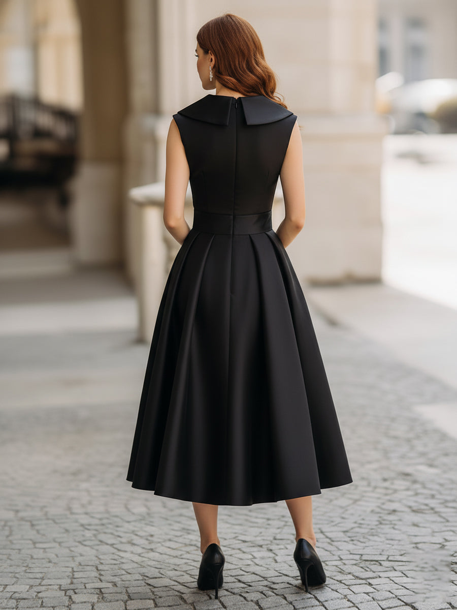 Vestido midi A-line sem mangas com decote em V, saia plissada e bolsos