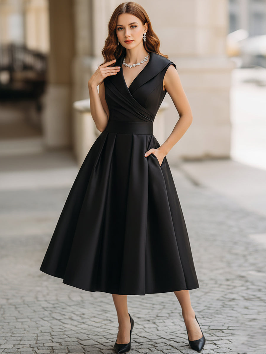 Vestido midi A-line sem mangas com decote em V, saia plissada e bolsos