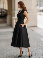 Vestido midi A-line sem mangas com decote em V, saia plissada e bolsos