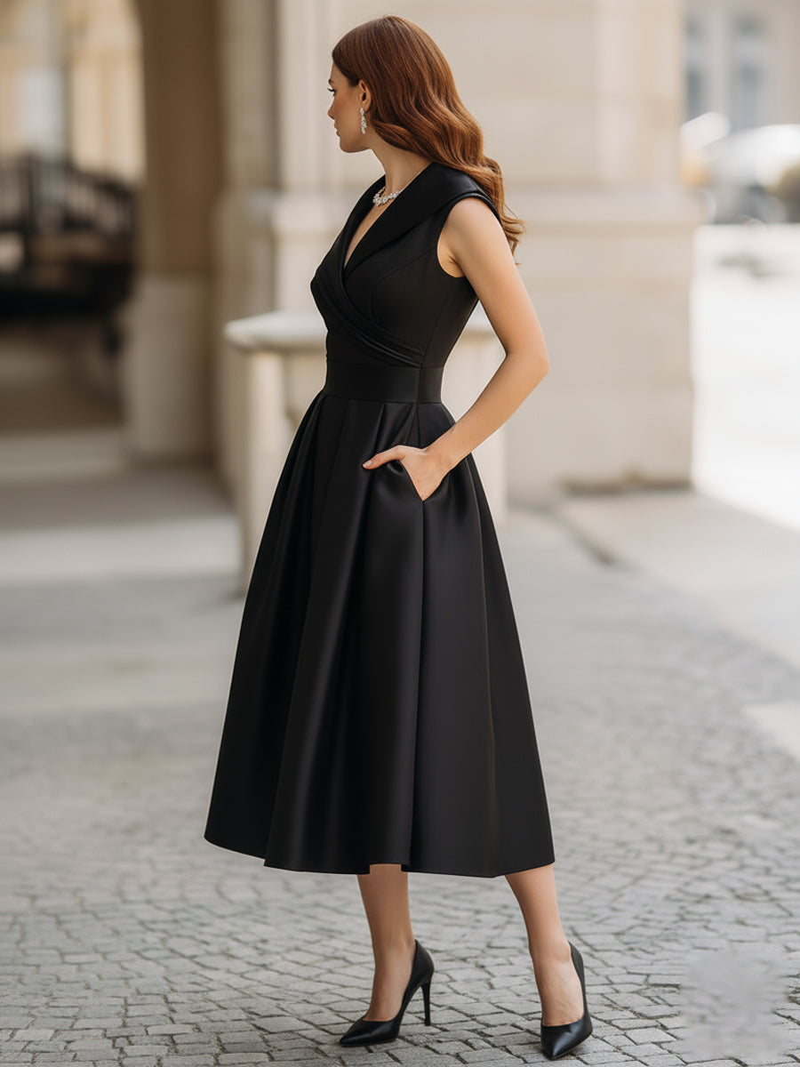 Vestido midi A-line sem mangas com decote em V, saia plissada e bolsos