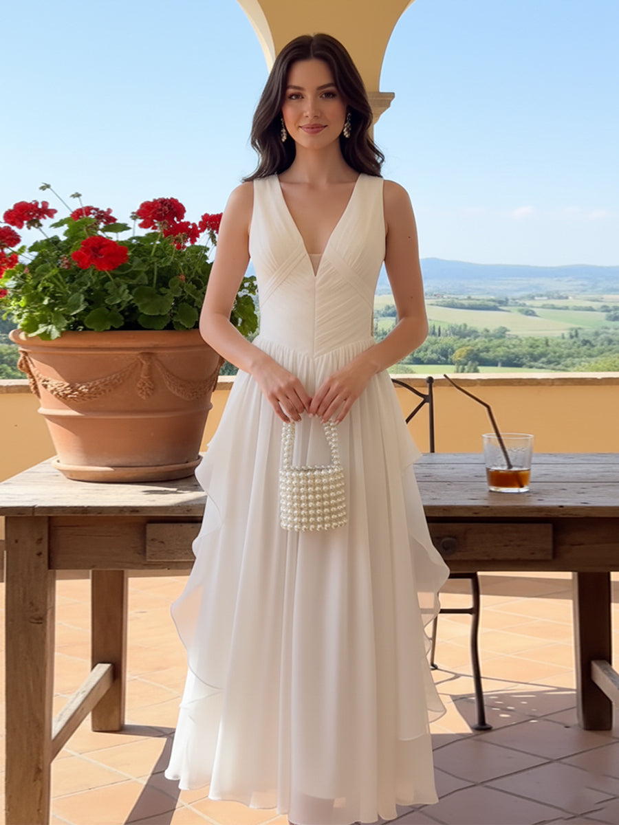 Robe maxi sans manches en chiffon à col en V avec volants en cascade