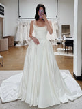 Elegant Scoop A-Line Spaghetti Straps Ballgown Satin Wedding Dress