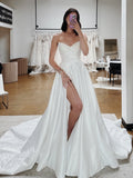Draped Satin Sweetheart A‑Line Bridal Gown With High Slit And Long Train