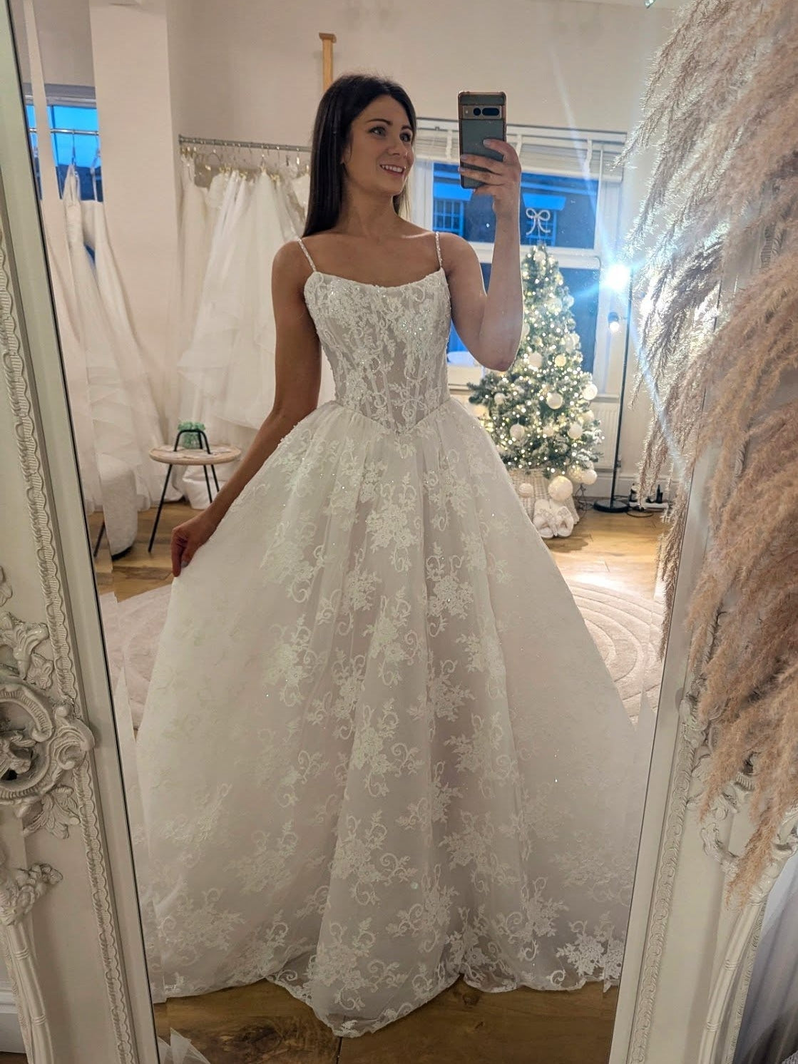 Romantic Square Neck Spaghetti Straps Lace Ball Gown Wedding Dress