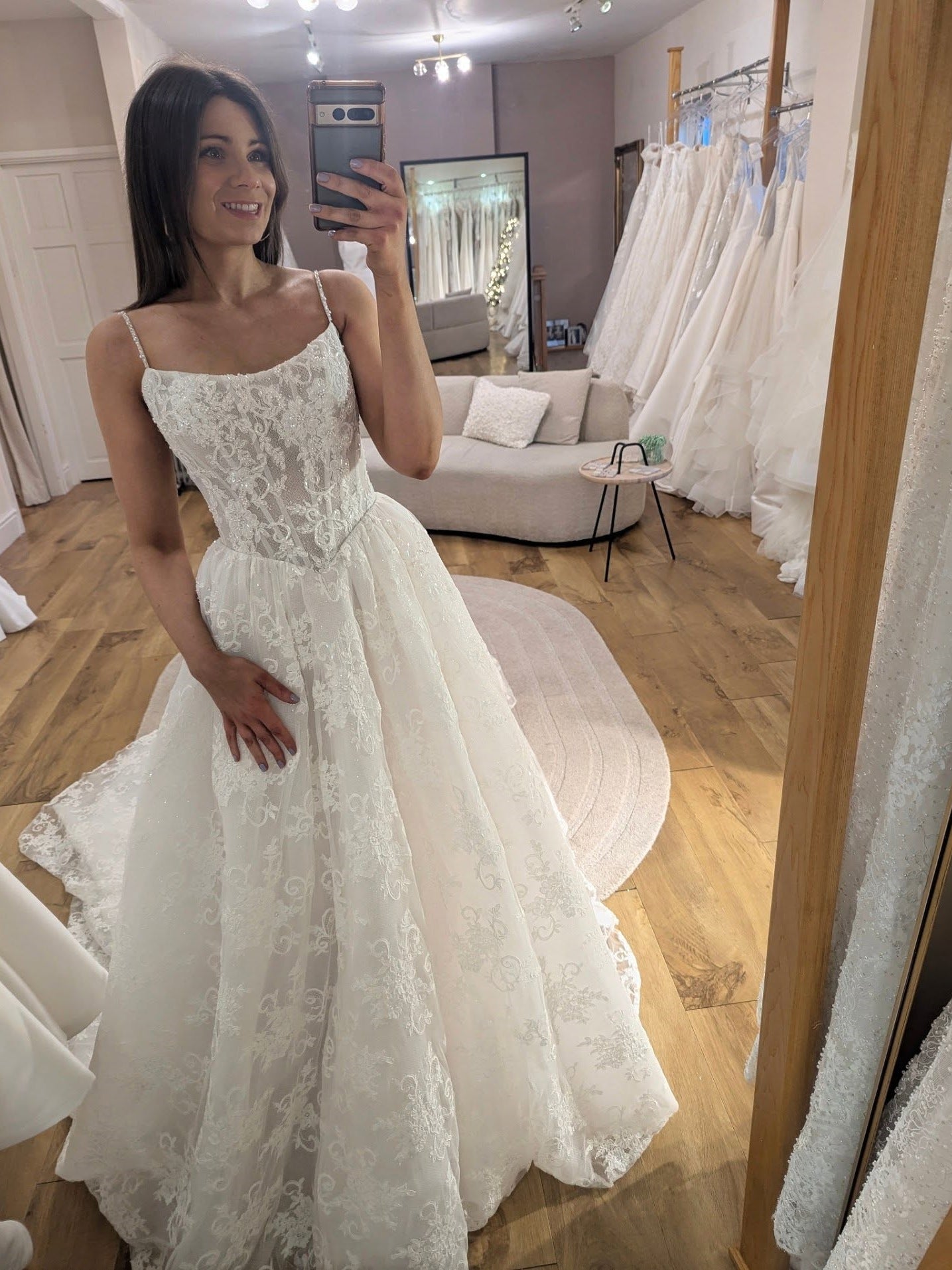 Romantic Square Neck Spaghetti Straps Lace Ball Gown Wedding Dress