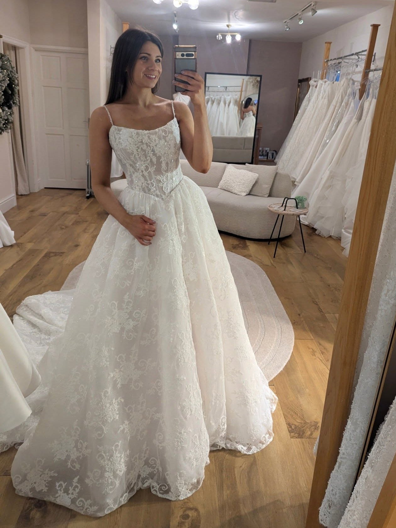 Romantic Square Neck Spaghetti Straps Lace Ball Gown Wedding Dress