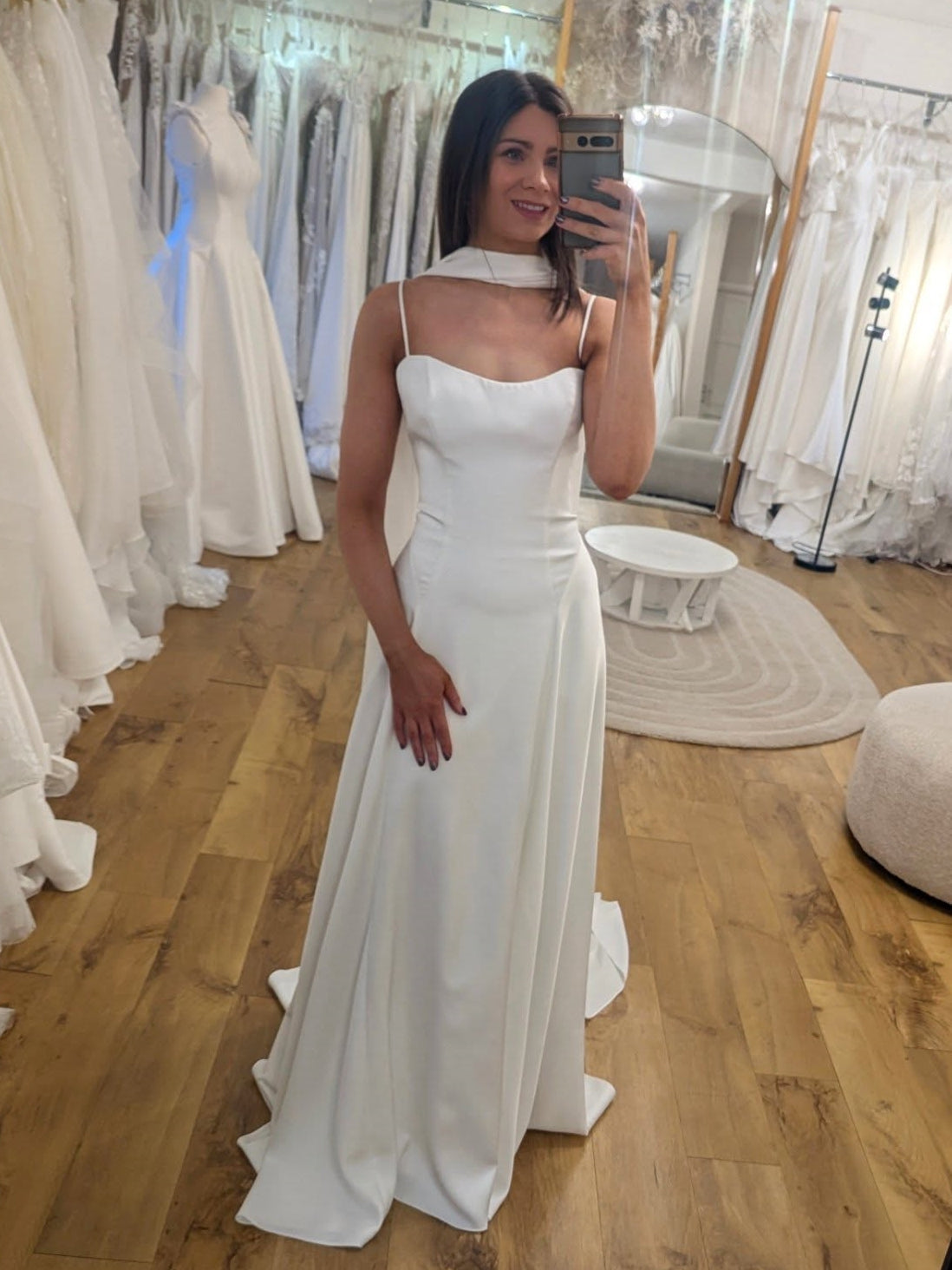 Modern Satin Sheath Bridal Gown With Detachable Neck Scarf