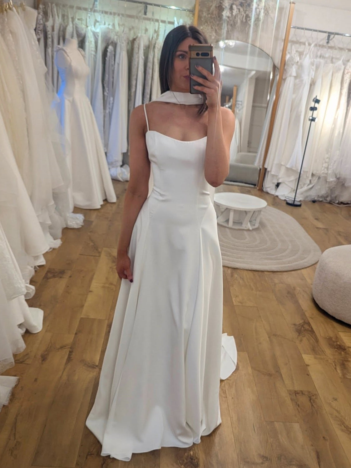 Modern Satin Sheath Bridal Gown With Detachable Neck Scarf