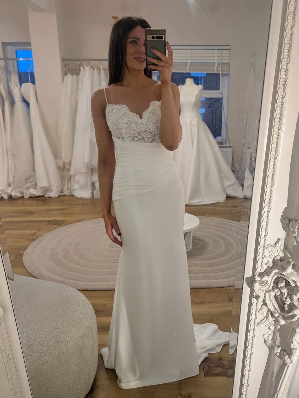 Fitted Ruched Satin Bridal Dress With Lace Sweetheart Bodice