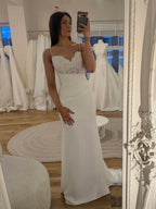 Fitted Ruched Satin Bridal Dress With Lace Sweetheart Bodice