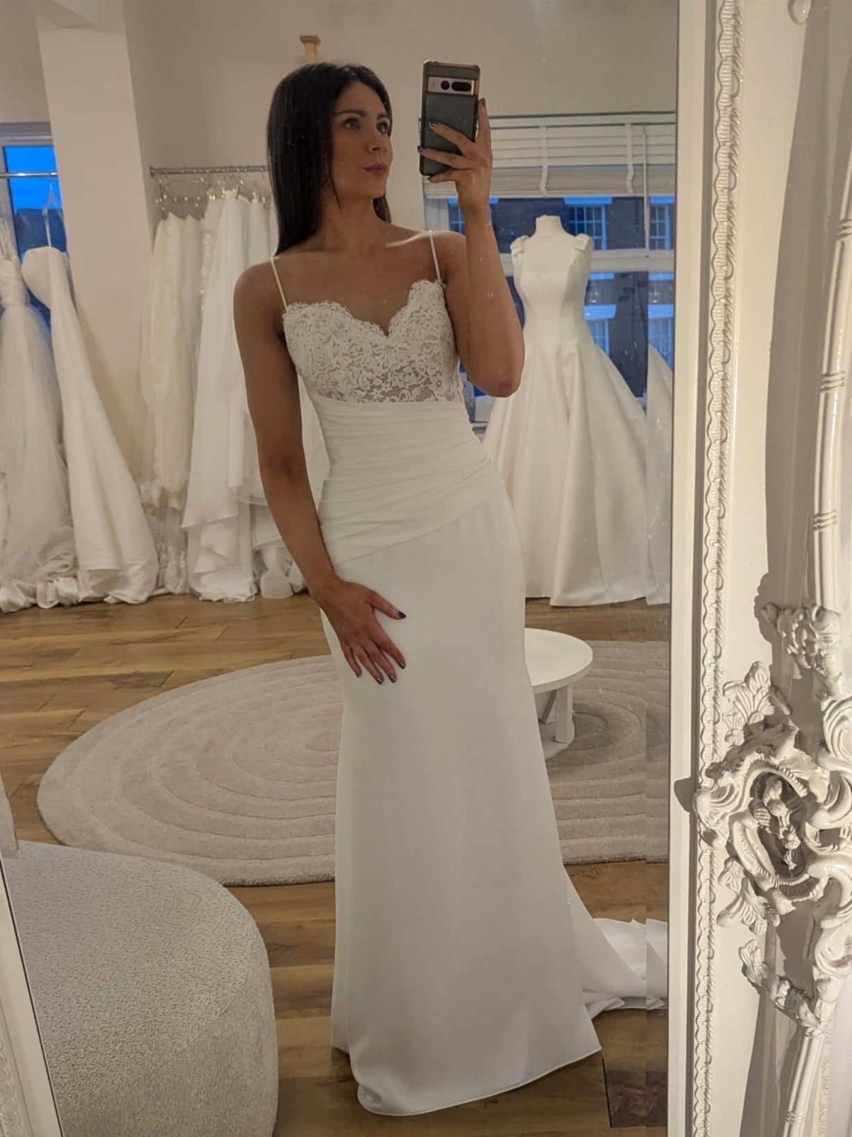 Fitted Ruched Satin Bridal Dress With Lace Sweetheart Bodice