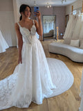 Lace A-Line V Neck Romantic Wedding Gown With Long Train