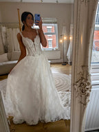 Lace A-Line V Neck Romantic Wedding Gown With Long Train