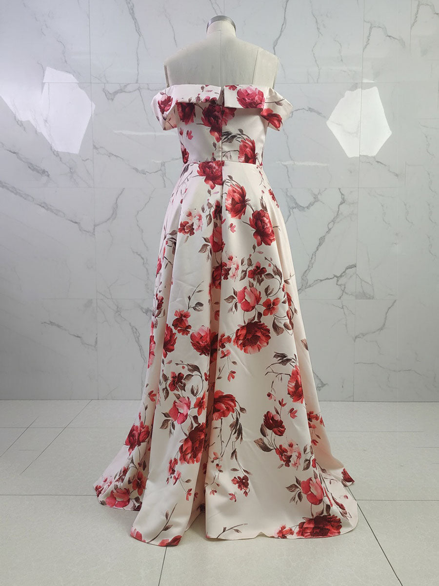 Vestido de mãe da noiva em cetim floral, linha A, ombro a ombro, com bolsos