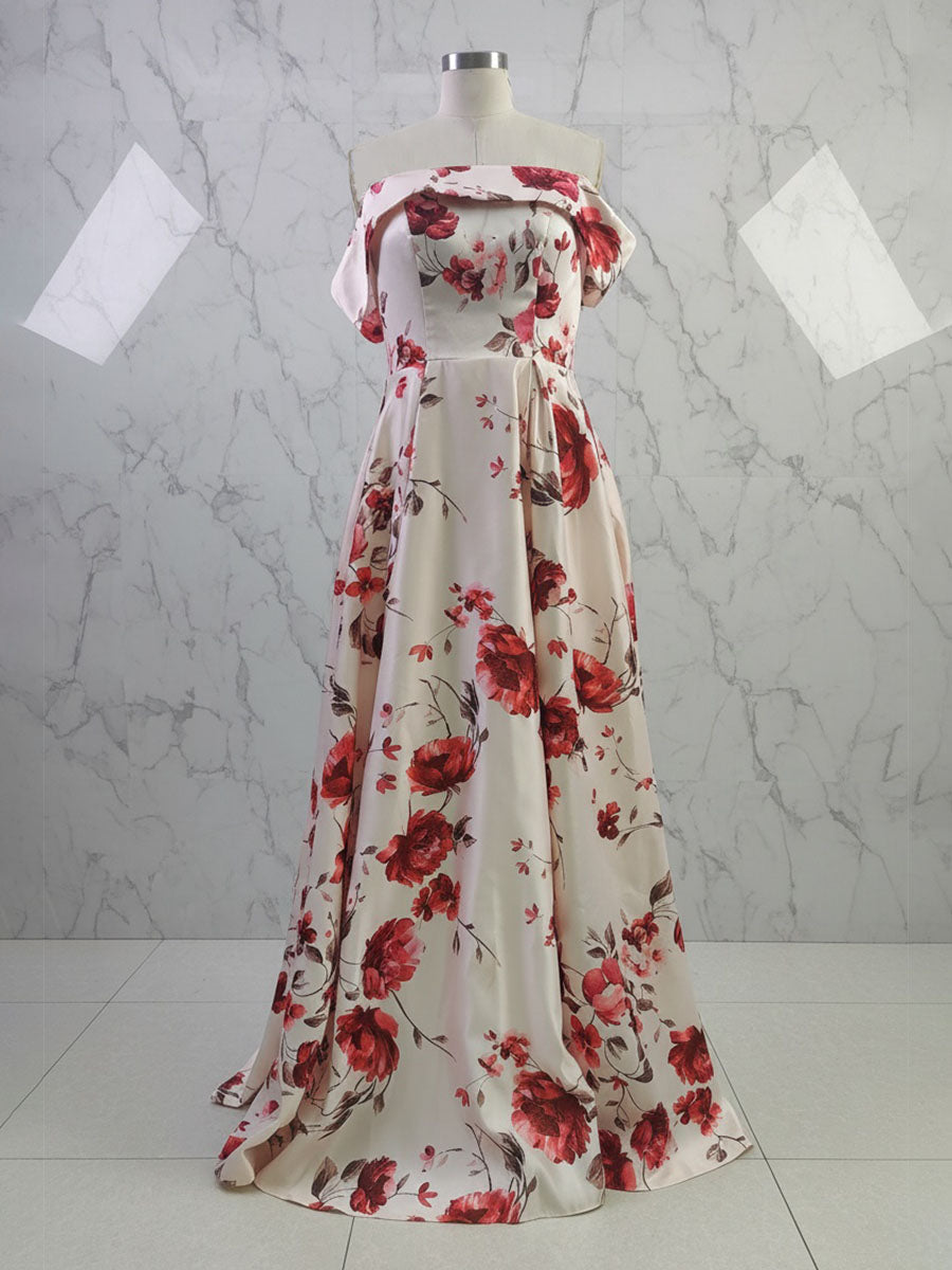 Vestito a-line da madre della sposa in raso floreale con scollatura a spalle scoperte e tasche