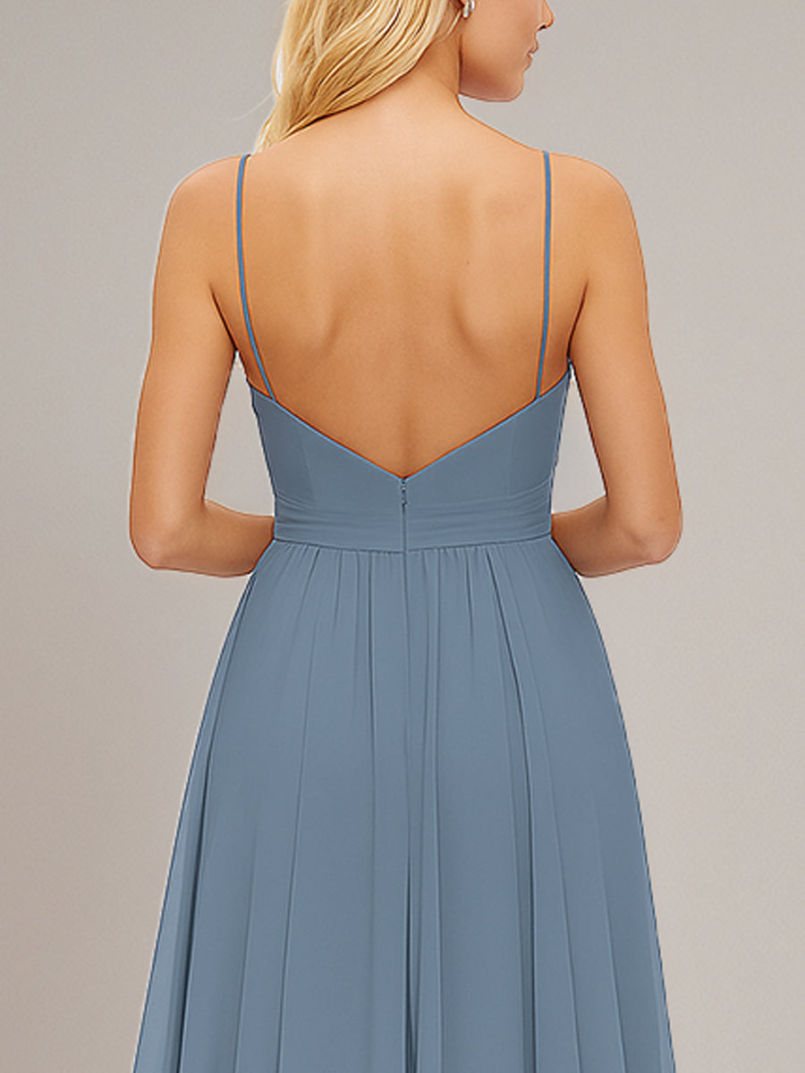 Abito da damigella in chiffon a linea A con spalline sottili e scollo a V