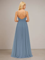 Abito da damigella in chiffon a linea A con spalline sottili e scollo a V