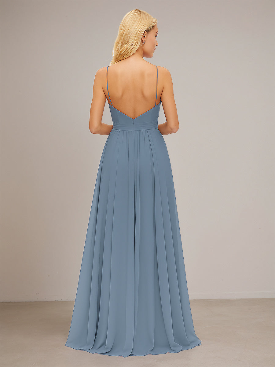 Abito da damigella in chiffon a linea A con spalline sottili e scollo a V