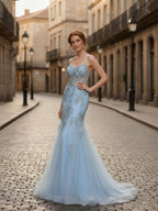 Spaghetti Straps Appliques Lace Tulle Corset Long Prom Dress