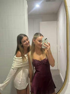 Robe courte de bal de promo en satin à bretelles spaghetti, lacets dans le dos