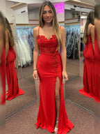 Red Mermaid Spaghetti Straps Appliqued Long Prom Dress with Slit