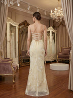Vestido longo de baile sereia com corpete bordado floral e alças finas
