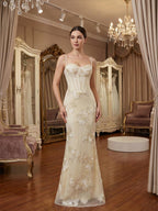 Vestido longo de baile sereia com corpete bordado floral e alças finas