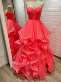 Sparkling Coral Strapless Corset Prom Dress with Tiered Ruffles