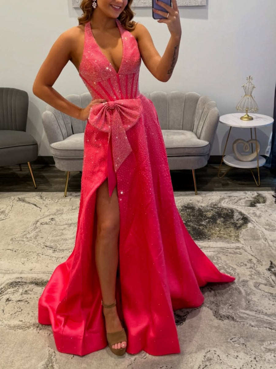 Sparkly Light Blue A-Line Corset Prom Dress with Statement Bow