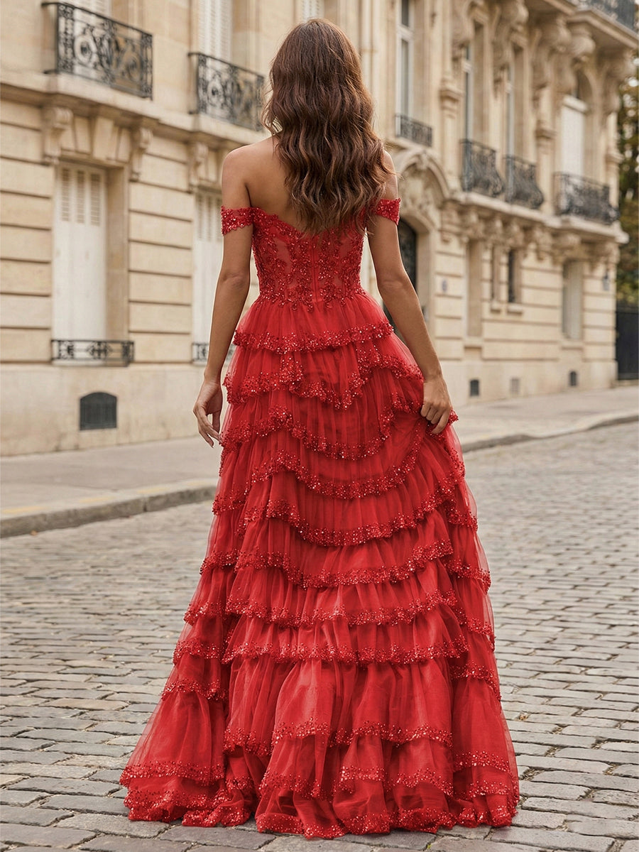 Sparkling Royal Blue Off The Shoulder Tiered Ruffle Corset Prom Dress with Slit