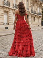 Sparkling Royal Blue Off The Shoulder Tiered Ruffle Corset Prom Dress with Slit