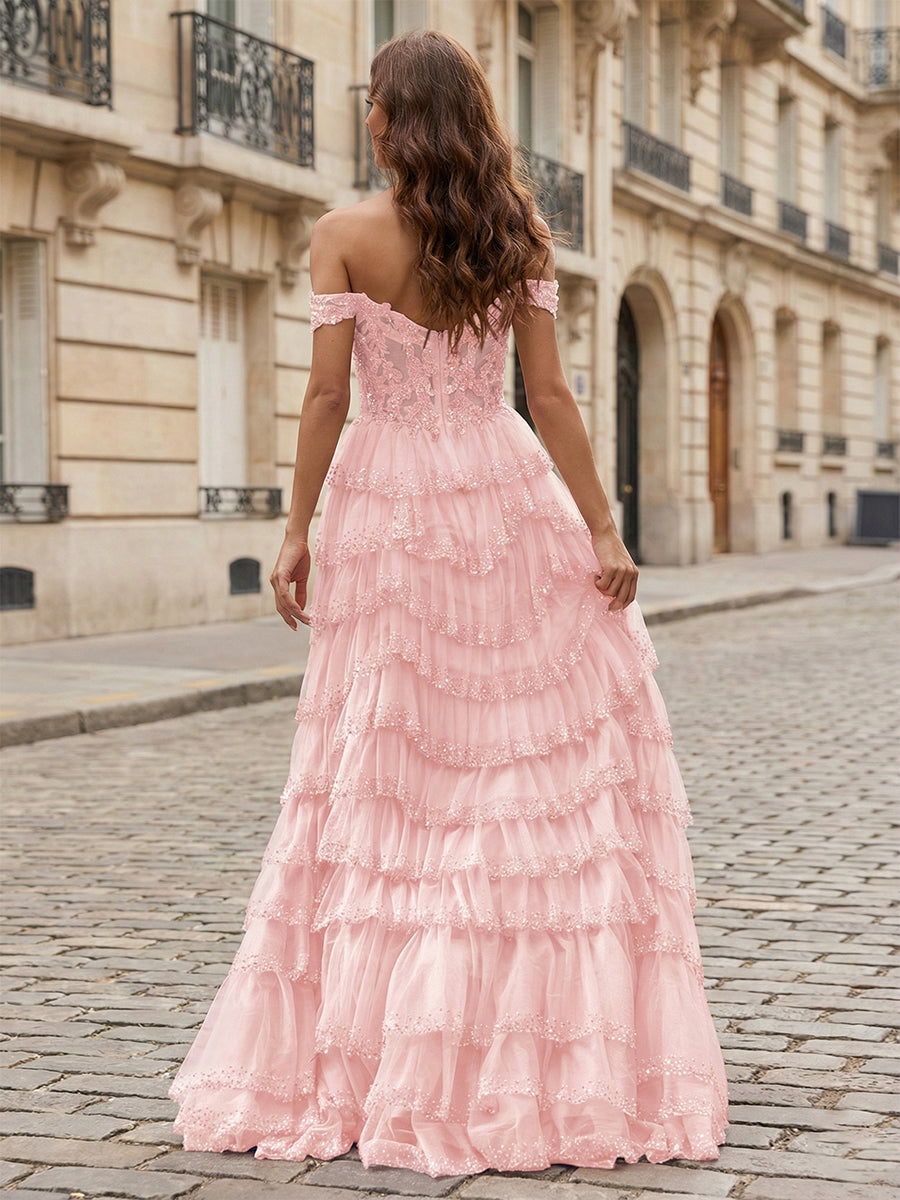 Sparkling Royal Blue Off The Shoulder Tiered Ruffle Corset Prom Dress with Slit