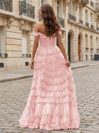 Sparkling Royal Blue Off The Shoulder Tiered Ruffle Corset Prom Dress with Slit