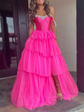 Sparkly A-Line Off the Shoulder Corset Ruffles Long Prom Dress with Slit