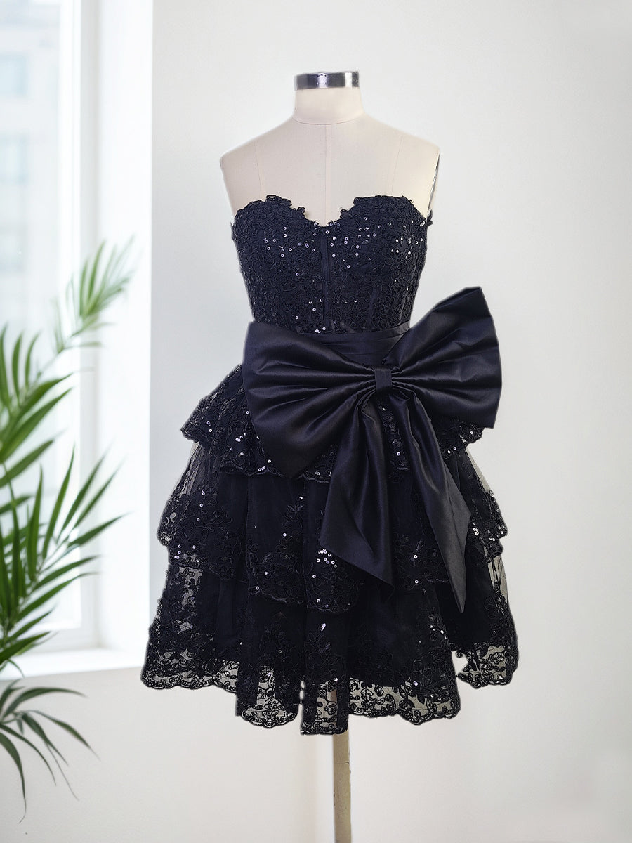Sparkly A Line Sweetheart Corset Tiered Ruffle Homecoming Dress with Bows