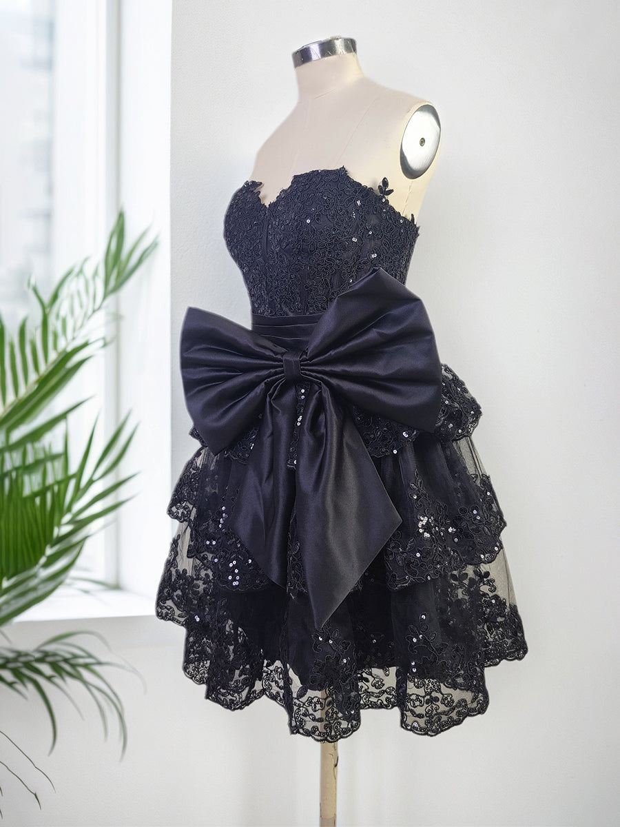 Sparkly A Line Sweetheart Corset Tiered Ruffle Homecoming Dress with Bows