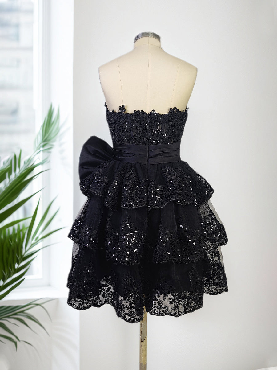 Sparkly A Line Sweetheart Corset Tiered Ruffle Homecoming Dress with Bows