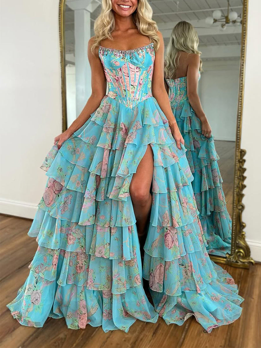 Sparkly Blue Floral Corset Ruffled Long Prom Dress with Slit