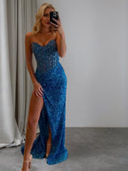 Strapless Sweetheart Sequins Bodycon Long Prom Dress with Beading