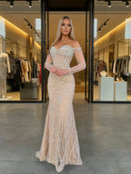 Vestido largo de fiesta champán brillante sirena, sin tirantes, con corsé y escote off-shoulder