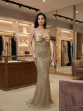 Sparkly Champagne Spaghetti Straps Prom Dress with Statement Bow