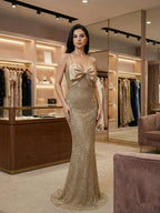 Sparkly Champagne Spaghetti Straps Prom Dress with Statement Bow