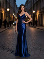 Vestido largo de fiesta con corsé brillante y apliques asimétricos