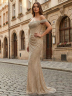 Robe longue de bal dorée scintillante à épaules dénudées avec fronces et fente